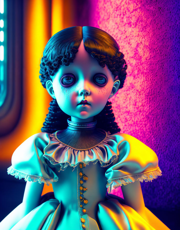 Victorian-style doll with oversized eyes in pink and blue lighting