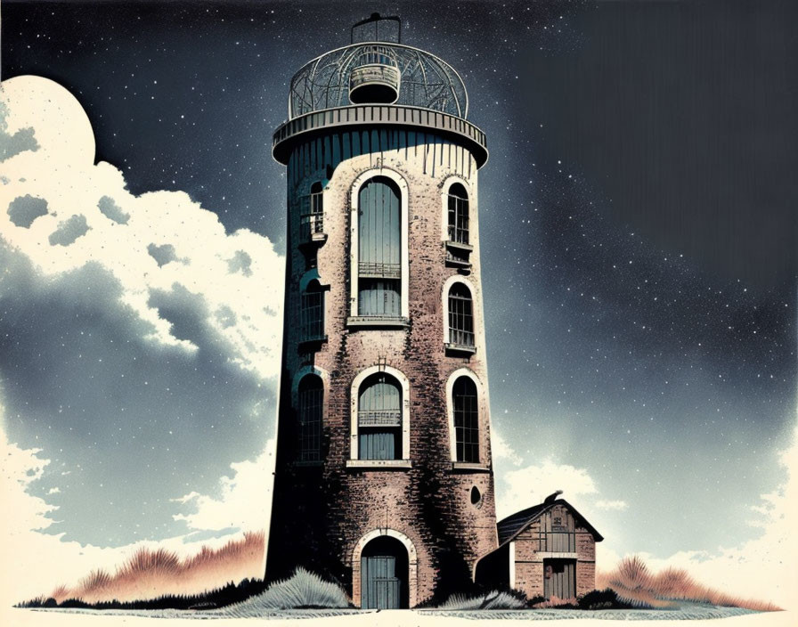 Nighttime scene with old lighthouse, starry sky, clouds & small building