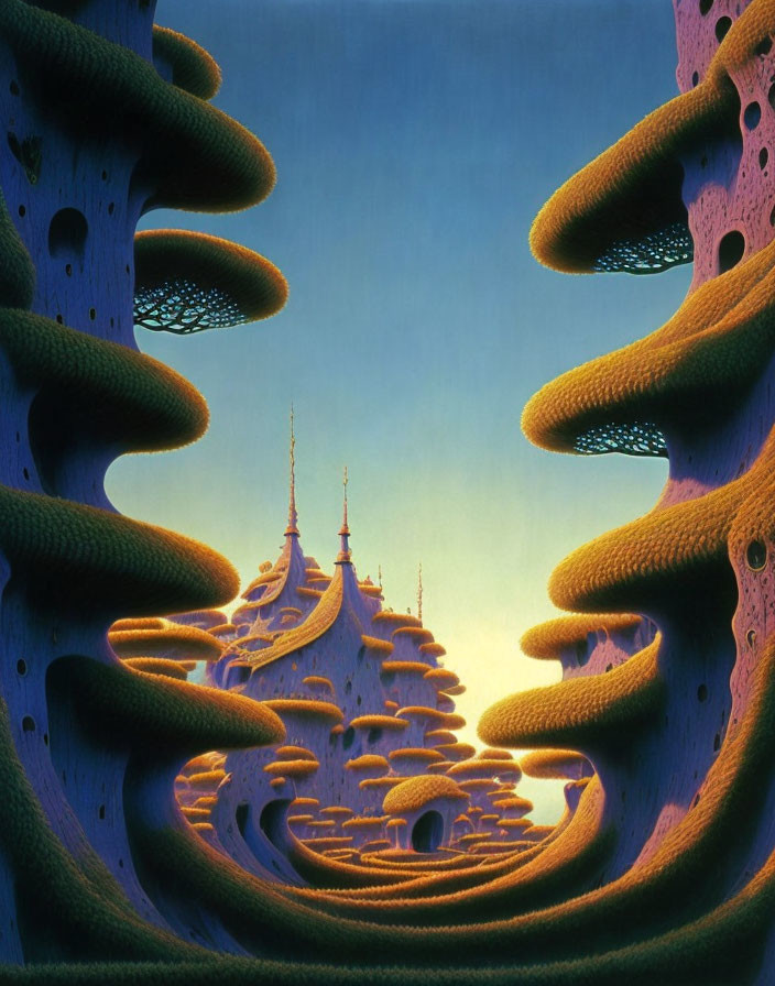 Surreal landscape with sponge-like trees and fairy-tale castle in twilight