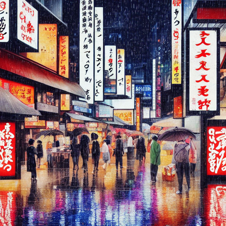 Night scene: People with umbrellas on neon-lit street in the rain