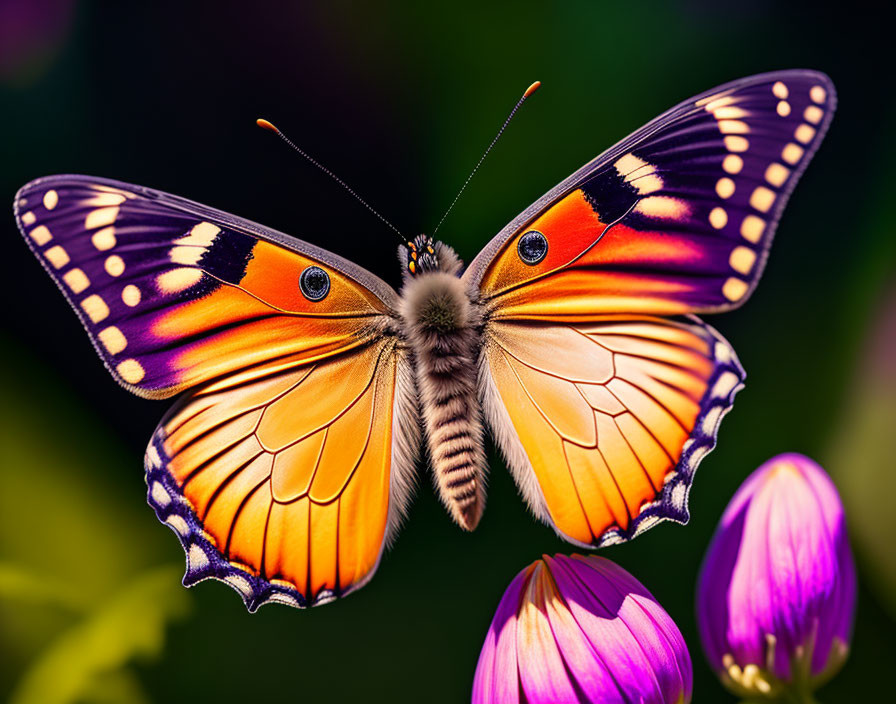 Colorful Butterfly with White Spots on Purple Flower in Green Background