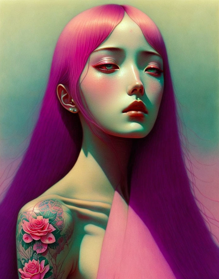 Portrait of Woman with Pink Hair, Pensive Expression, and Rose Tattoo