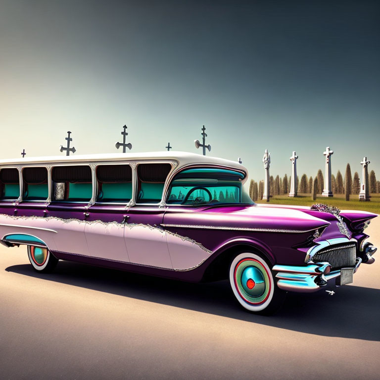 Purple digitally modified hearse with elongated body and multiple rear windows in surreal cemetery setting