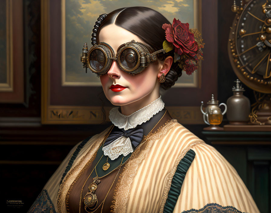 Victorian woman portrait with steampunk goggles and ornate background