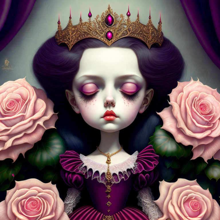 Surreal illustration of pale girl with large eyes and purple hair in crown and dress surrounded by pink