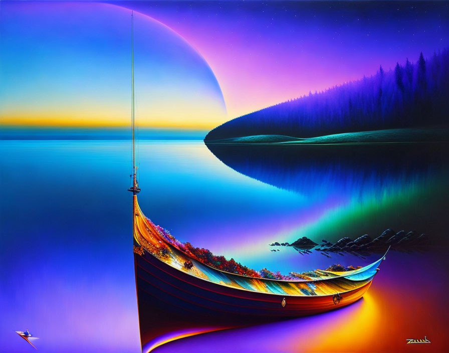 Colorful fantasy artwork: Crescent boat on tranquil lake under multicolored sky