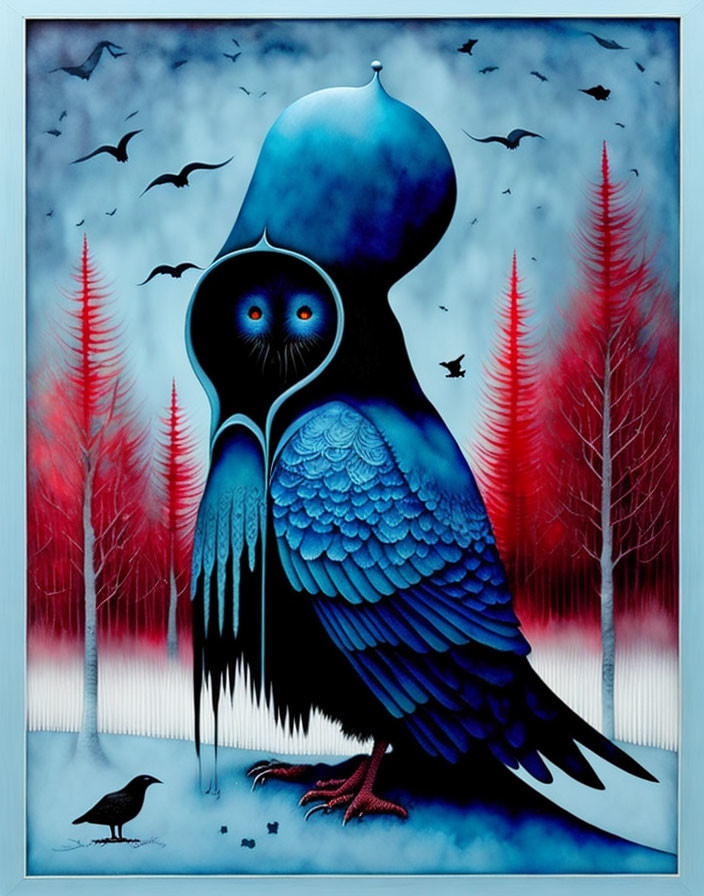 Surreal painting: Blue bird with smaller silhouette against red tree backdrop