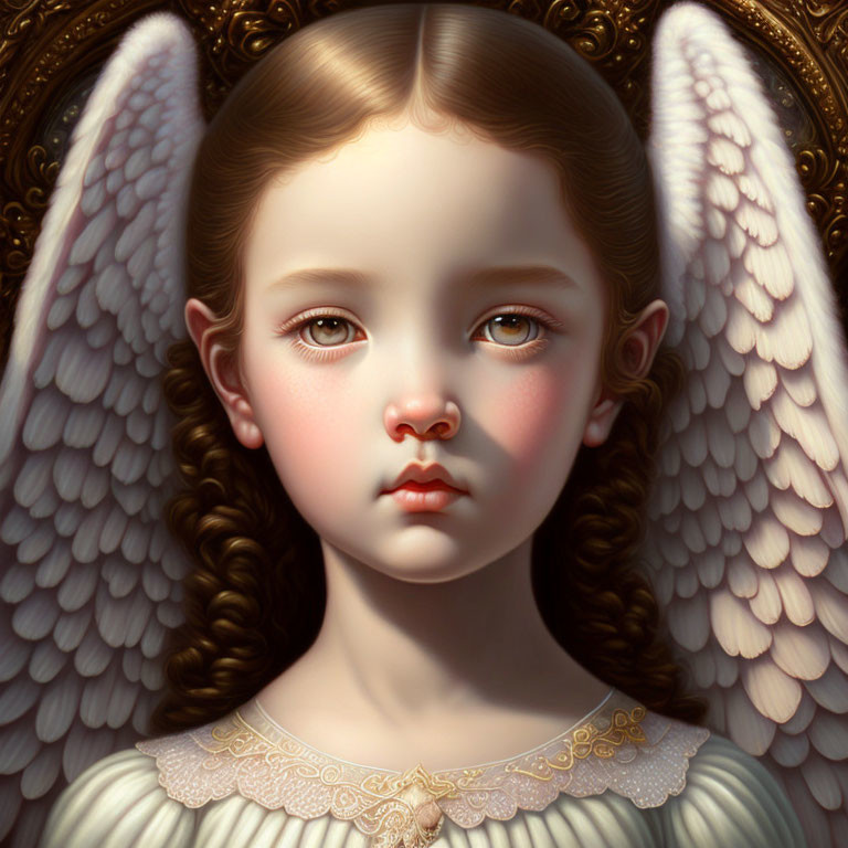 Detailed painting of a young angelic girl with white wings in ornate golden frame