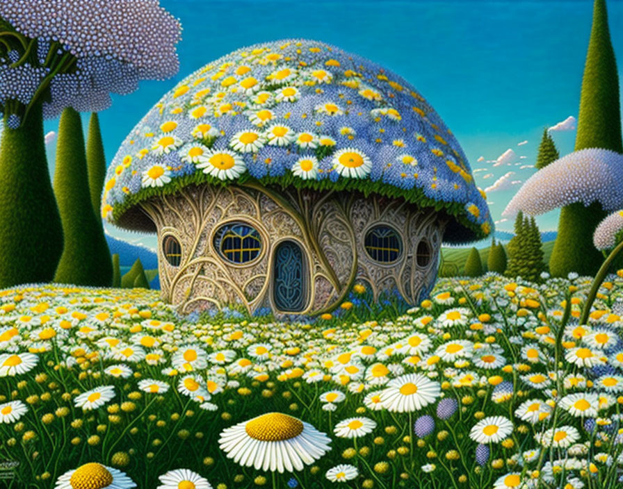 Illustration: Mushroom-shaped house surrounded by daisies in a flowery field