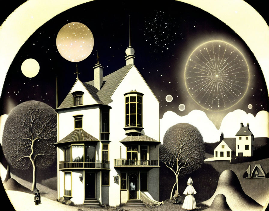 Whimsical art: Victorian house, stylized trees, oversized moons, surreal sky