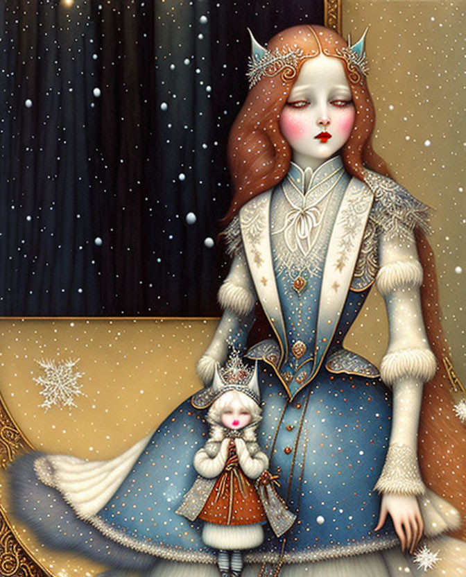 Illustration of pale girl in blue dress with snowflake details holding doll in snowy scene