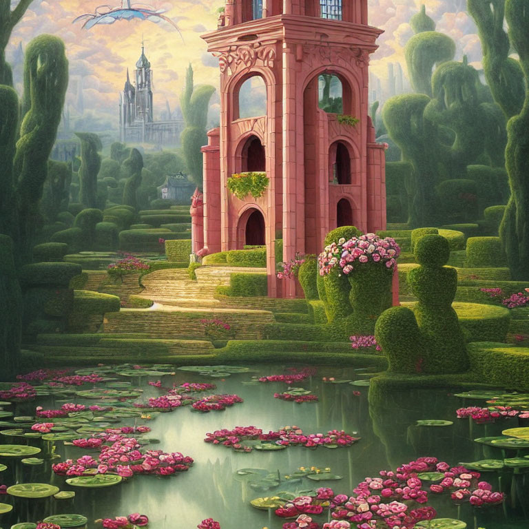 Ornate pink tower in lush garden with topiaries and pond