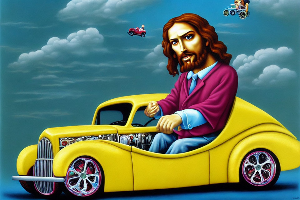 Cartoonish man with long hair driving yellow hot rod in whimsical illustration