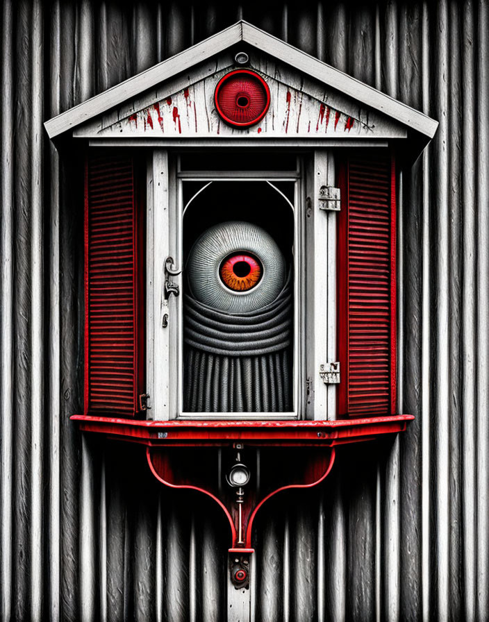 Red and White Fire Alarm Box with Eye Design on Corrugated Metal Wall