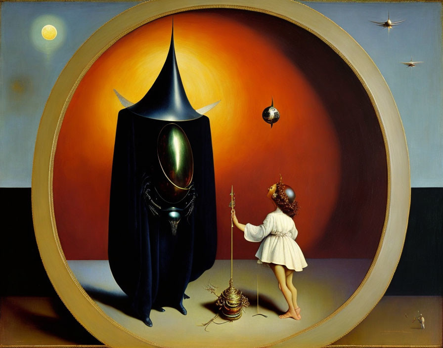 Surreal painting: robed figure, faceless child with wand, celestial bodies, birds,