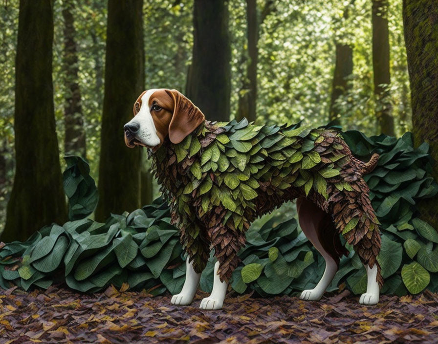 Beagle with green leaf coat in forest blending with surroundings