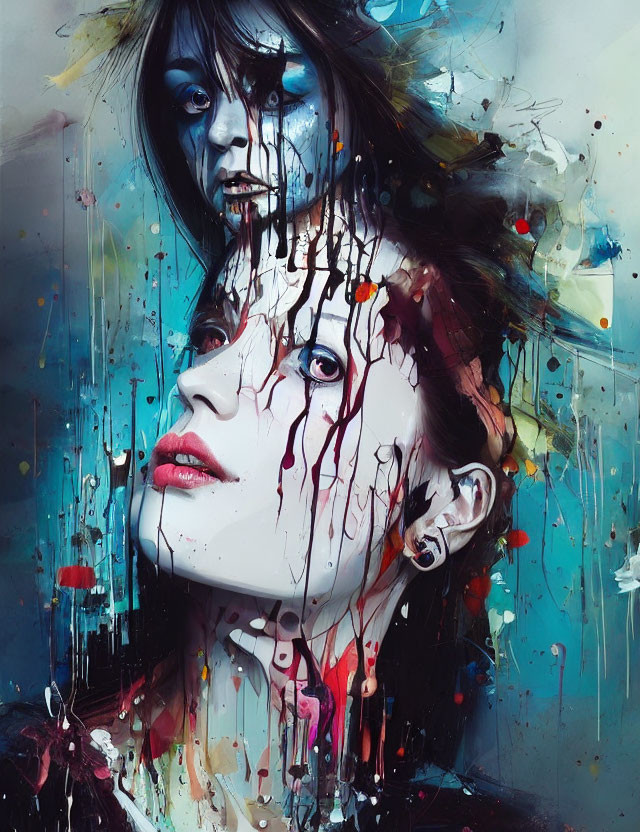 Vivid Colorful Faces with Dripping Paint in Abstract Style