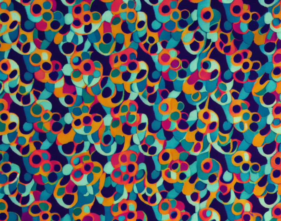 Vibrant Abstract Pattern of Overlapping Circles in Blue, Orange, and Purple on Fabric