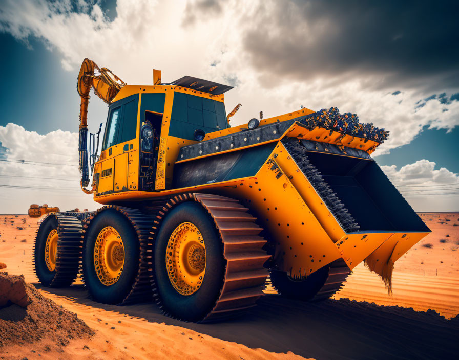 Massive yellow mining dump truck on desert sands under blue sky