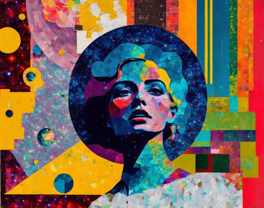 Vibrant Abstract Portrait with Cosmic and Geometric Elements