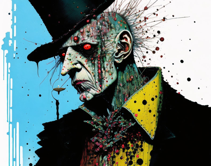 Sinister figure with top hat and red eyes on vibrant paint splattered background