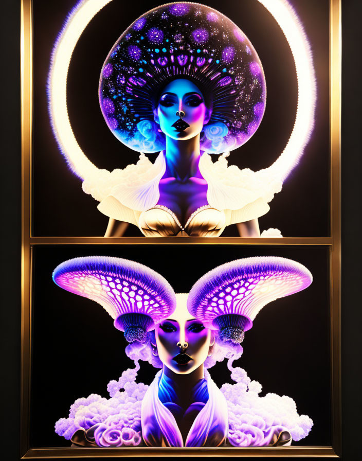 Colorful digital art: Two women in neon mushroom headdresses on dark background.