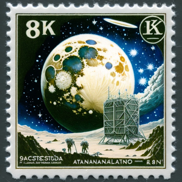 Vintage postage stamp: Lunar landscape with observatory, stylized moon, craters, stars.