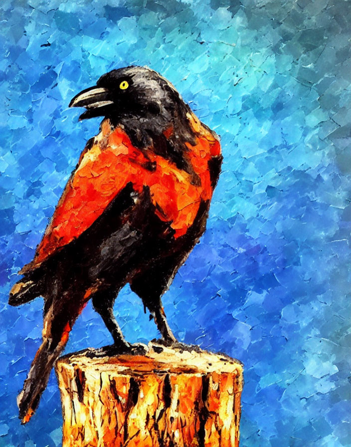 Vibrant bird with orange plumage on black head perched on stump against blue background