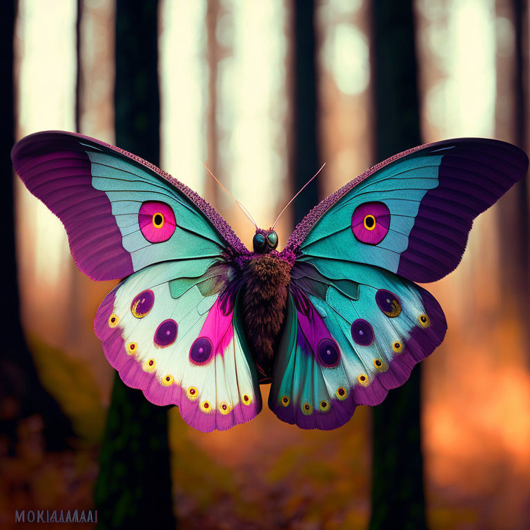 Colorful Butterfly Artwork with Eye-like Patterns on Blurred Forest Background