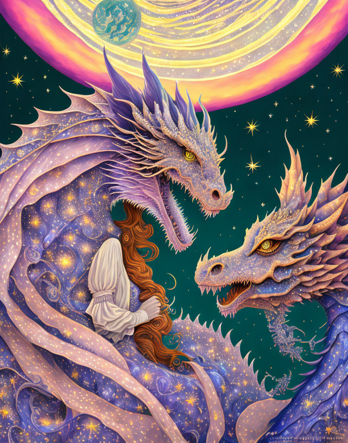 Illustration: Two dragons, robed figure, celestial backdrop