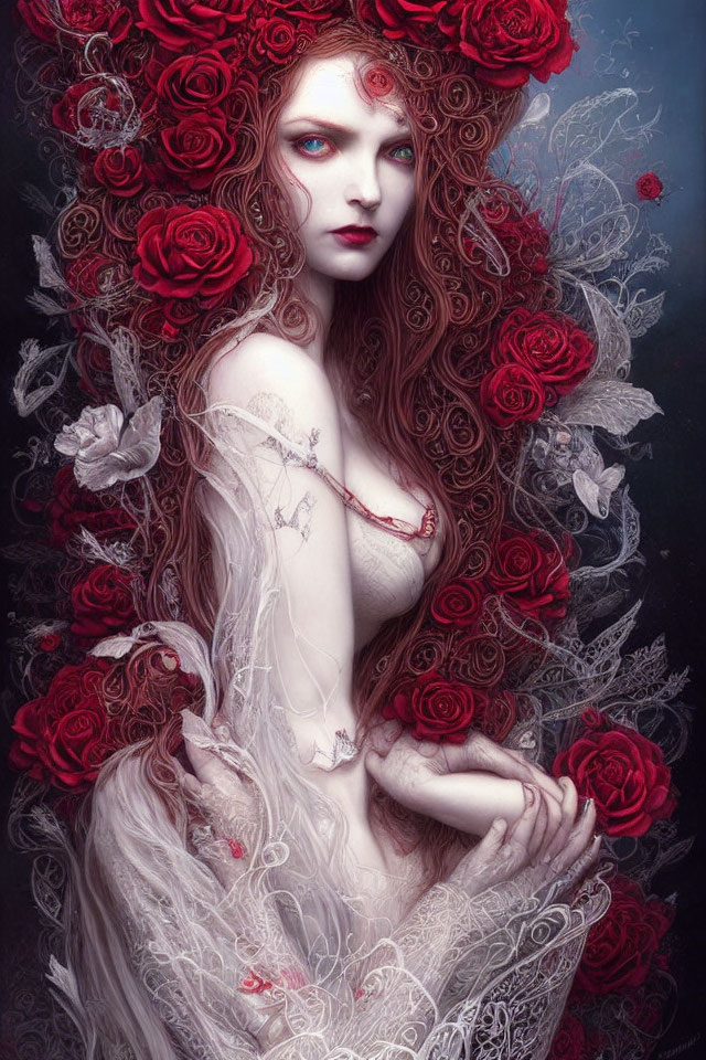 Pale Woman with Red Hair and Roses in Ethereal White Lace on Dark Background