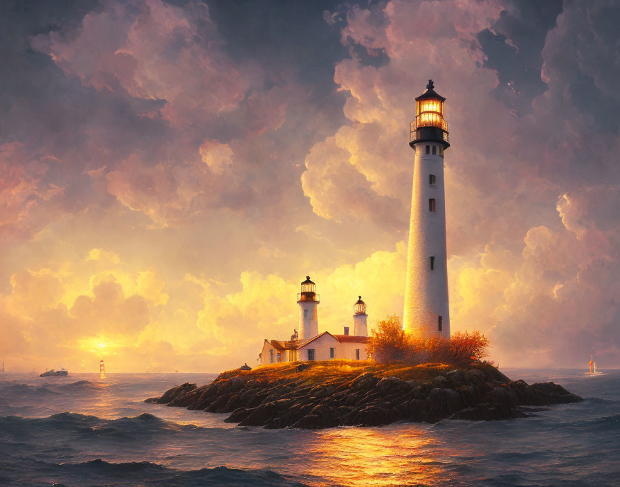 Majestic lighthouse on rocky island at sunset