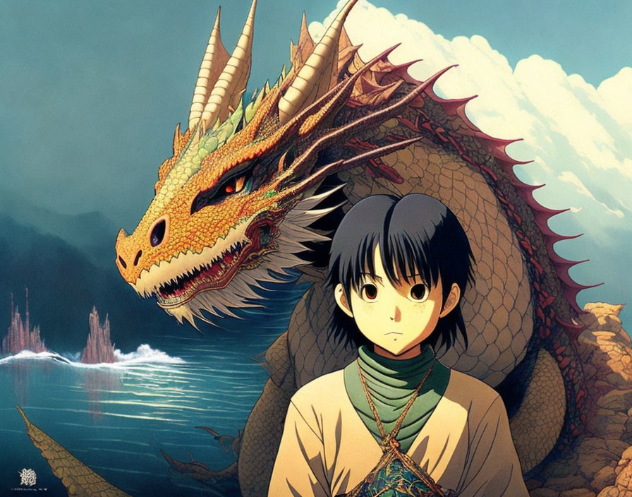 Serene young girl with colorful dragon against misty mountains