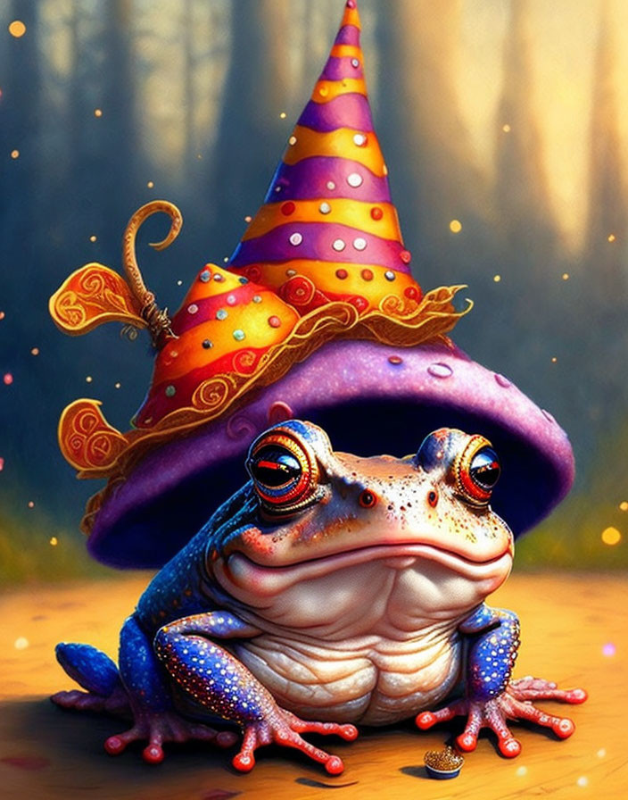 Colorful Frog in Party and Wizard Hats Surrounded by Forest Light