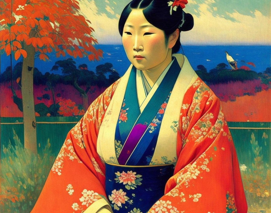 Traditional Japanese woman in vibrant kimono by autumn leaves and calm sea