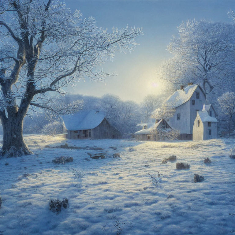 Winter scene: snow-covered landscape at dusk with frost-laden trees and traditional house under serene sun glow