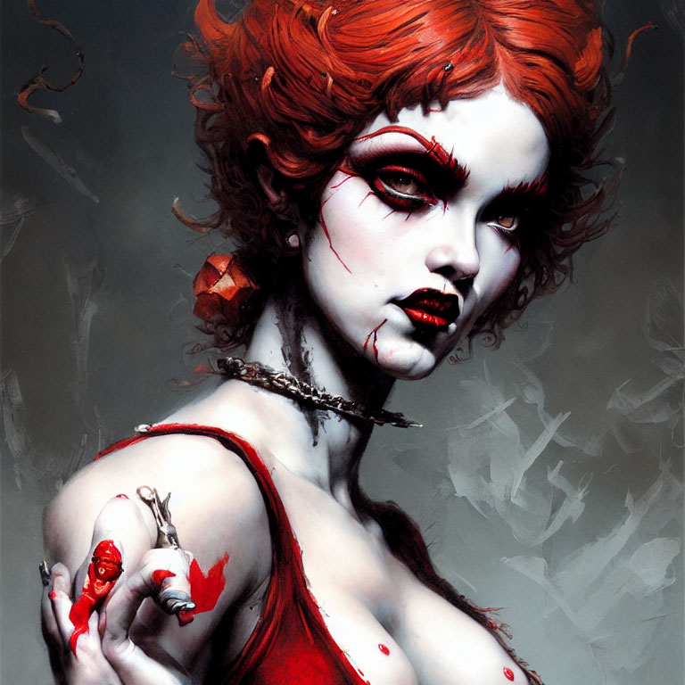 Red-haired female figure with pale skin, red makeup, barbed wire choker, holding a heart