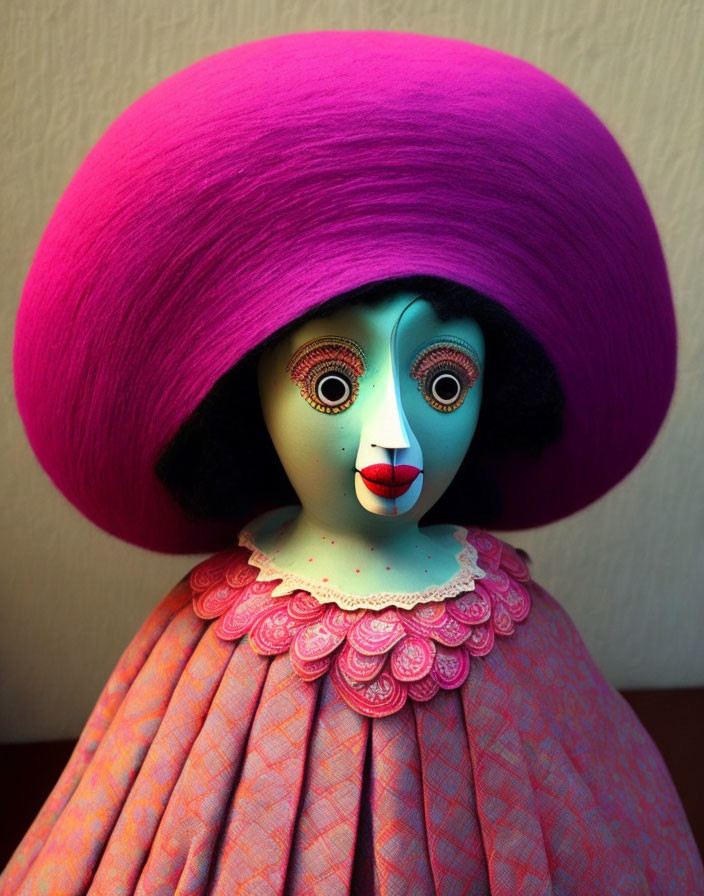 Colorful Doll with Magenta Afro and Spiral Eyes in Orange Dress