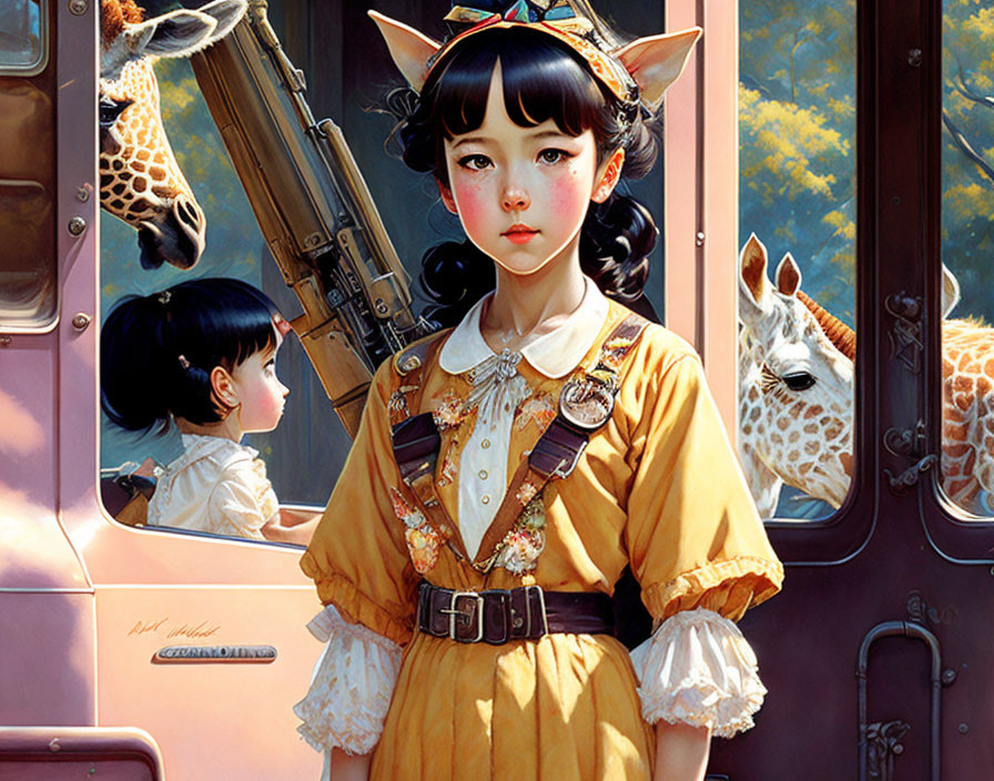 Illustration of girl in yellow dress with cat ears by bus with giraffes.