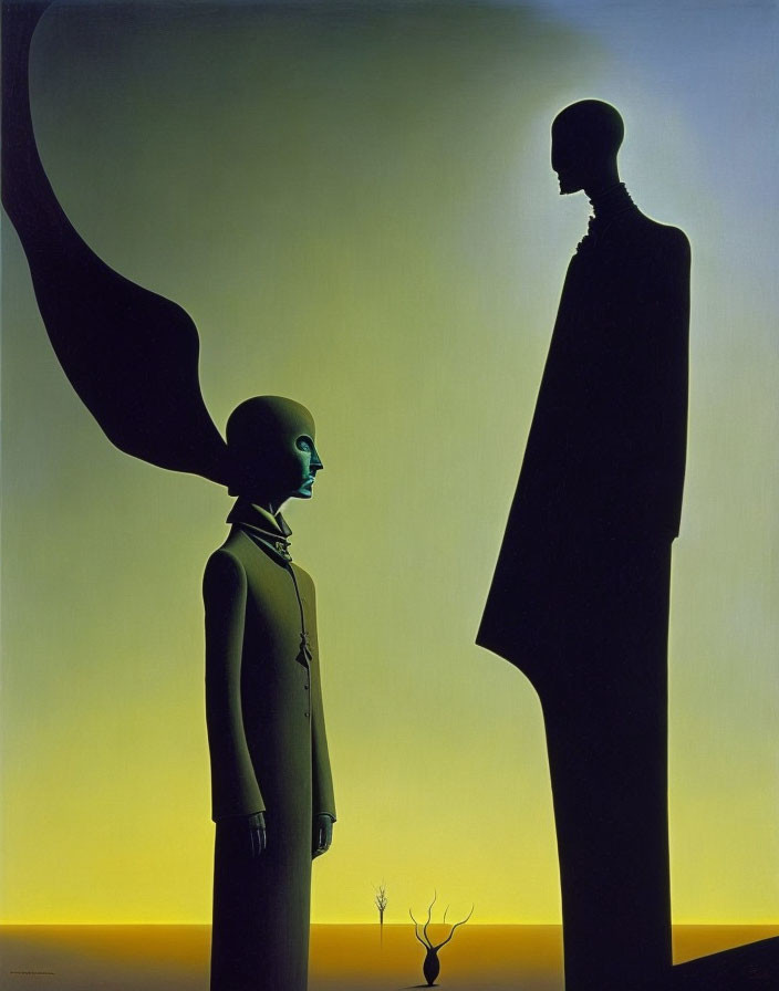 Surrealist painting: elongated shadowy figures on yellow-gradient background.