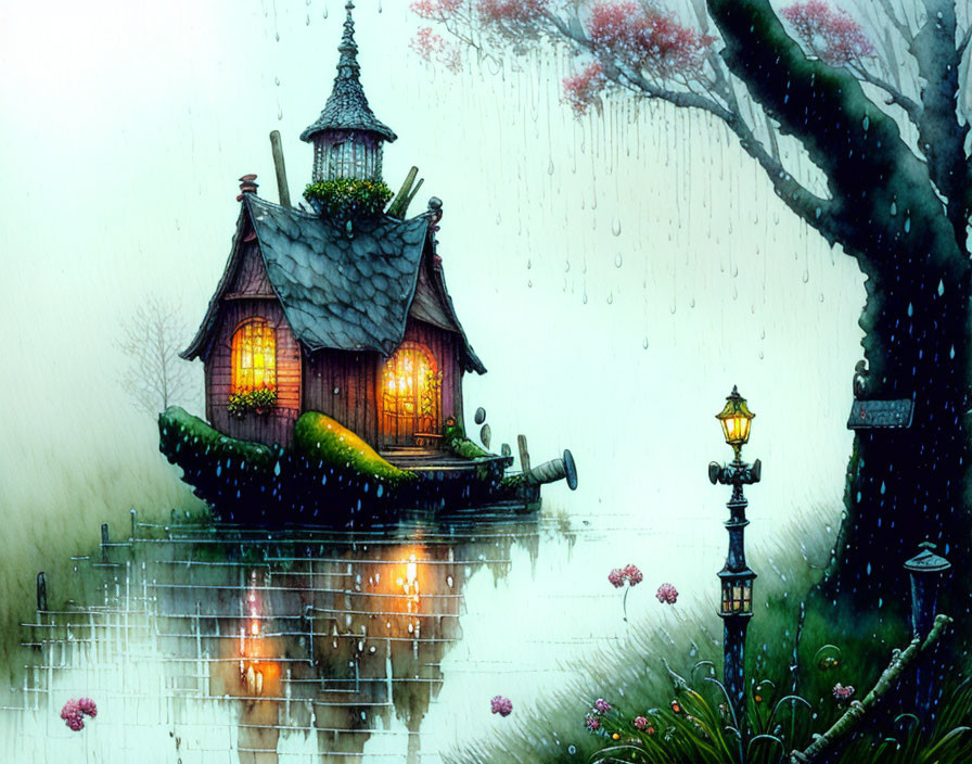 Whimsical lakeside cottage illustration with glowing windows, rain, tree, street lamp, and blo