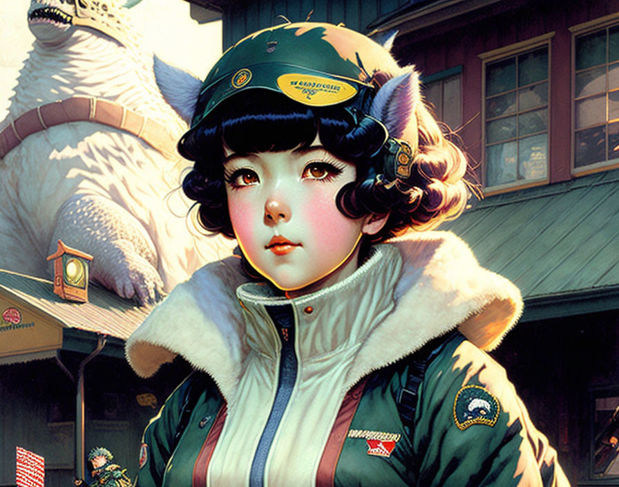 Stylized artwork featuring girl in green jacket with Godzilla-like creature