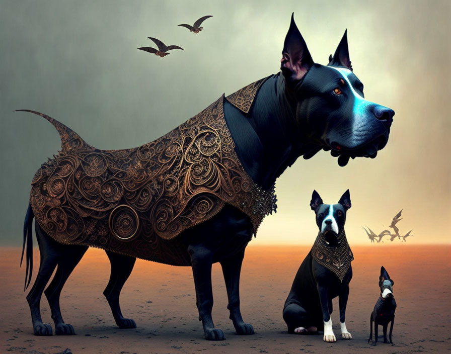 Stylized dogs in intricate body armor in desert scene with birds.