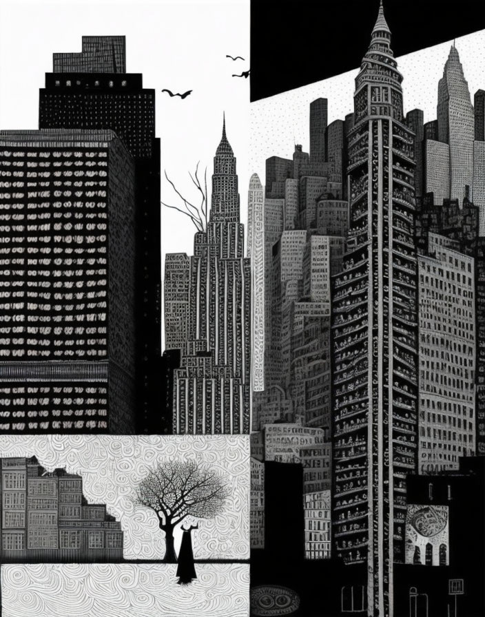 Cityscape with skyscrapers, patterns, lone tree, and birds in flight