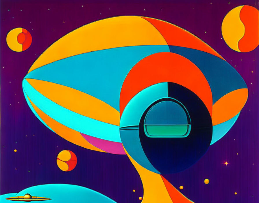 Vibrant retro-futuristic spaceship among planets and stars