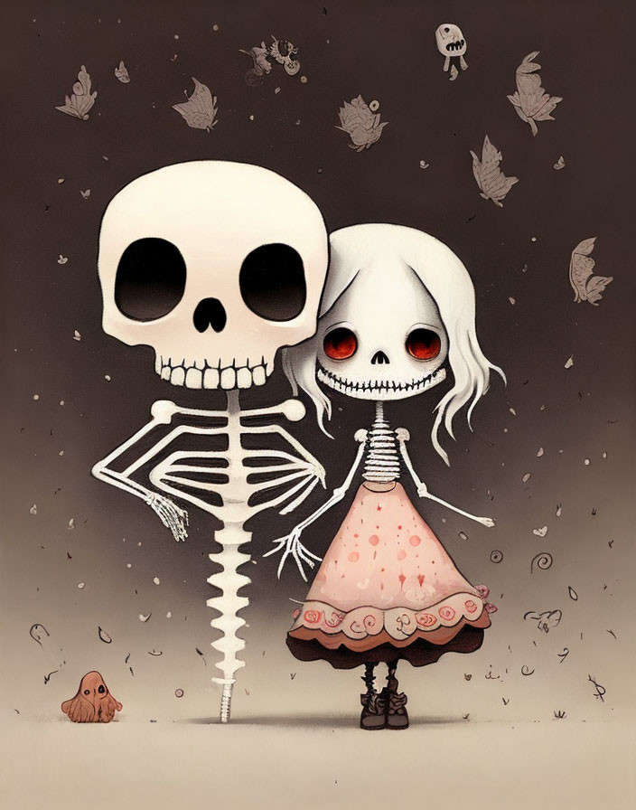 Skeleton and ghost-girl with red eyes in spooky illustration with falling leaves and mini creatures.