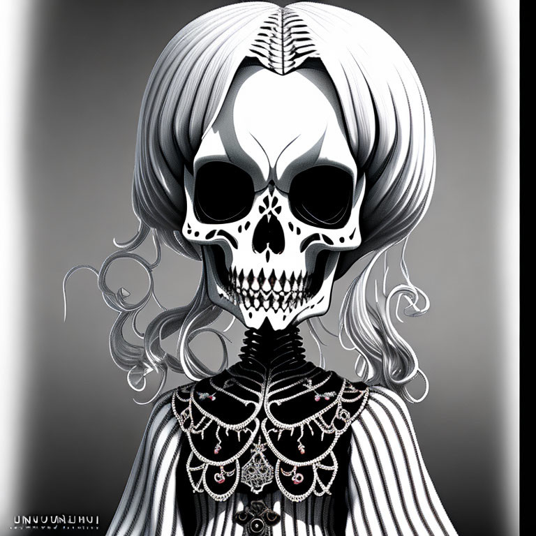 Detailed Stylized Skeleton Illustration with Long White Hair and Decorative Necklace