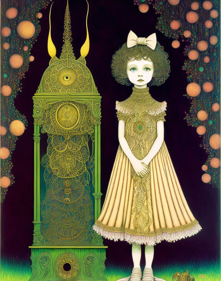 Surreal illustration: girl with big eyes, bow, ornate clock, glowing orbs