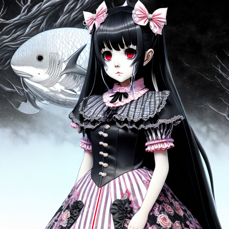 Anime-style girl in gothic lolita fashion with red eyes beside a floating fish in cloudy setting