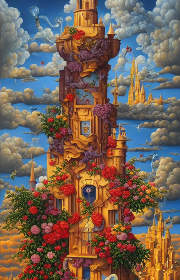 Fantasy tower with floral balconies in sky scene